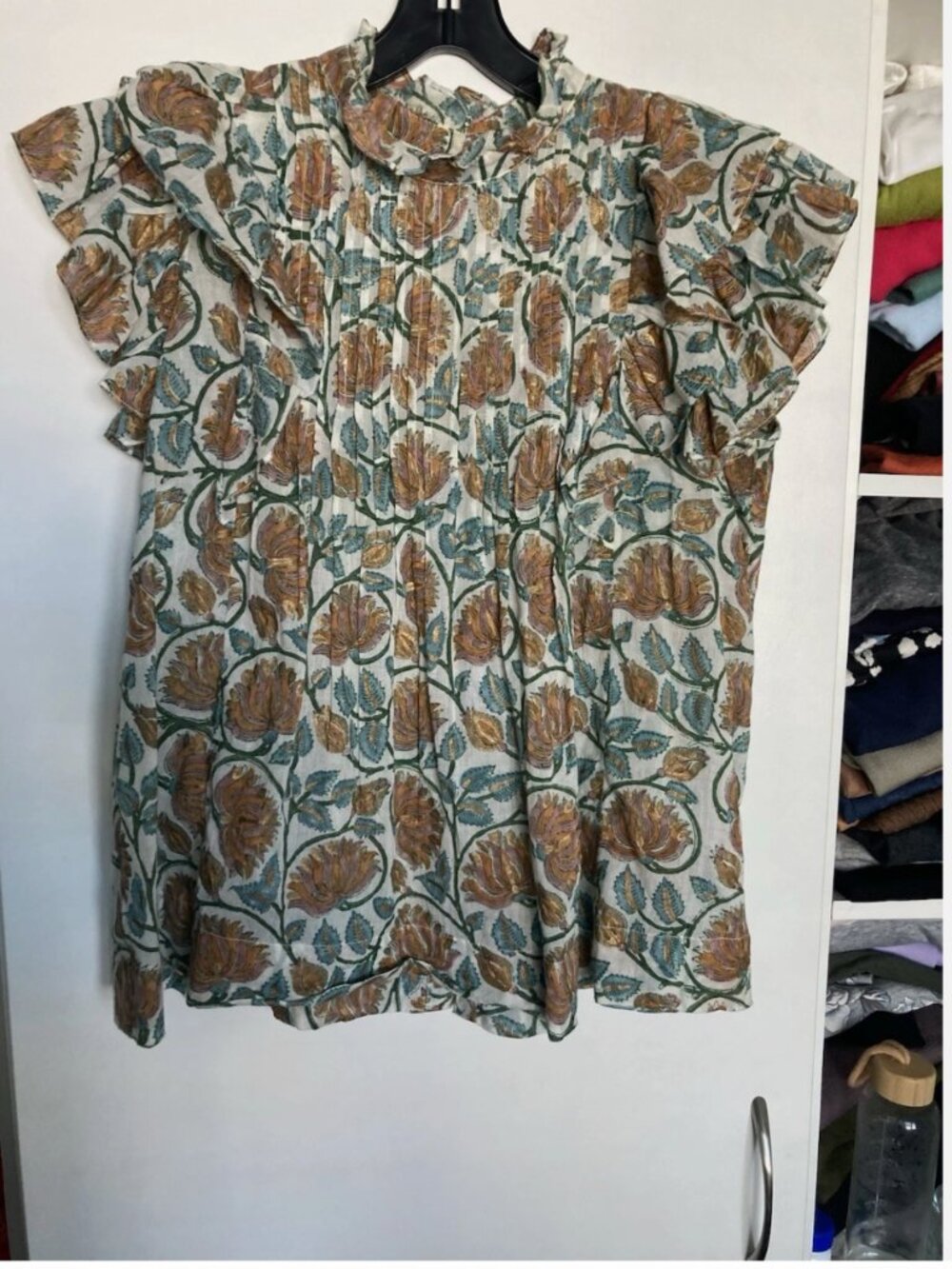 Oliphant Design Women's Ruffle Pintuck Blouse Print Size XS Flowers Flowy Cotton